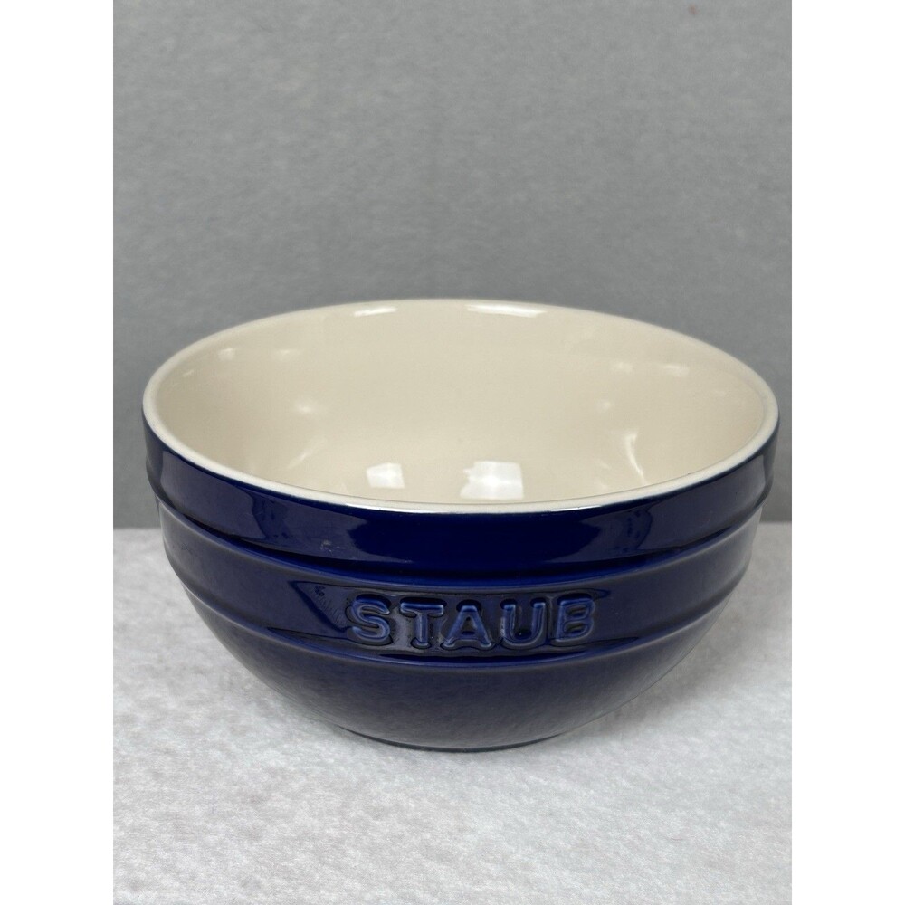 1 Staub 6.5 X 3.25 inch diameter cobalt blue & cream prep bowl